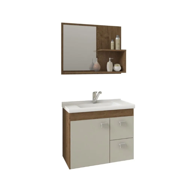 Gabinete para Banheiro Suspenso MGM Hortencia 55CM 1 Porta 2 Gavetas com Espelheira e Lavatorio Amendoa/Off White