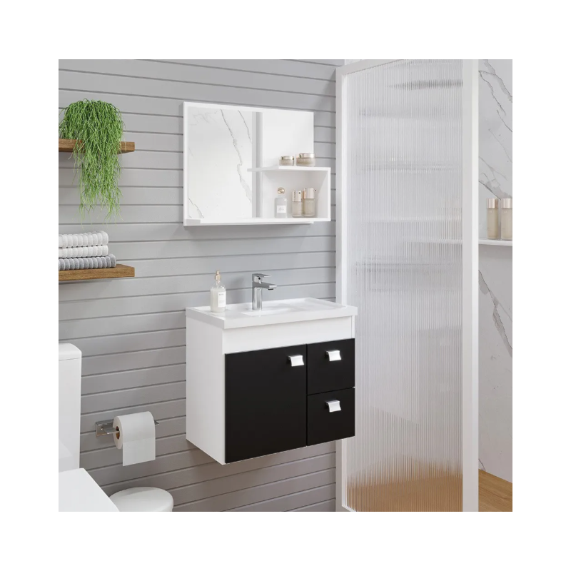Gabinete para Banheiro Suspenso MGM Hortencia 55CM 1 Porta 2 Gavetas com Espelheira e Lavatorio Branco/Preto