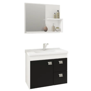 Gabinete para Banheiro Suspenso MGM Hortencia 55CM 1 Porta 2 Gavetas com Espelheira e Lavatorio Branco/Preto