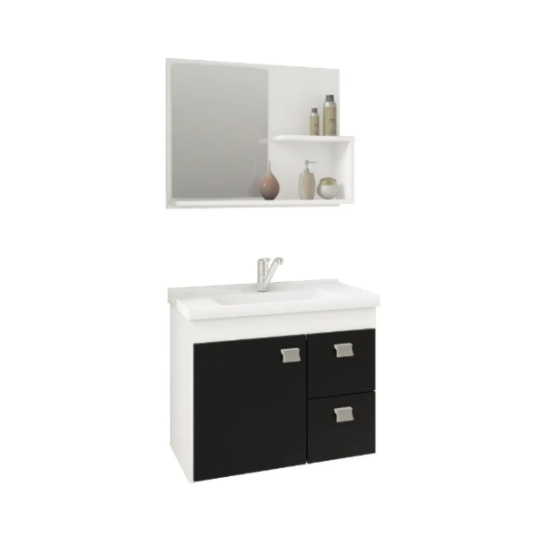 Gabinete para Banheiro Suspenso MGM Hortencia 55CM 1 Porta 2 Gavetas com Espelheira e Lavatorio Branco/Preto-6d7950d9-a094-4205-bc61-31b805818cc9