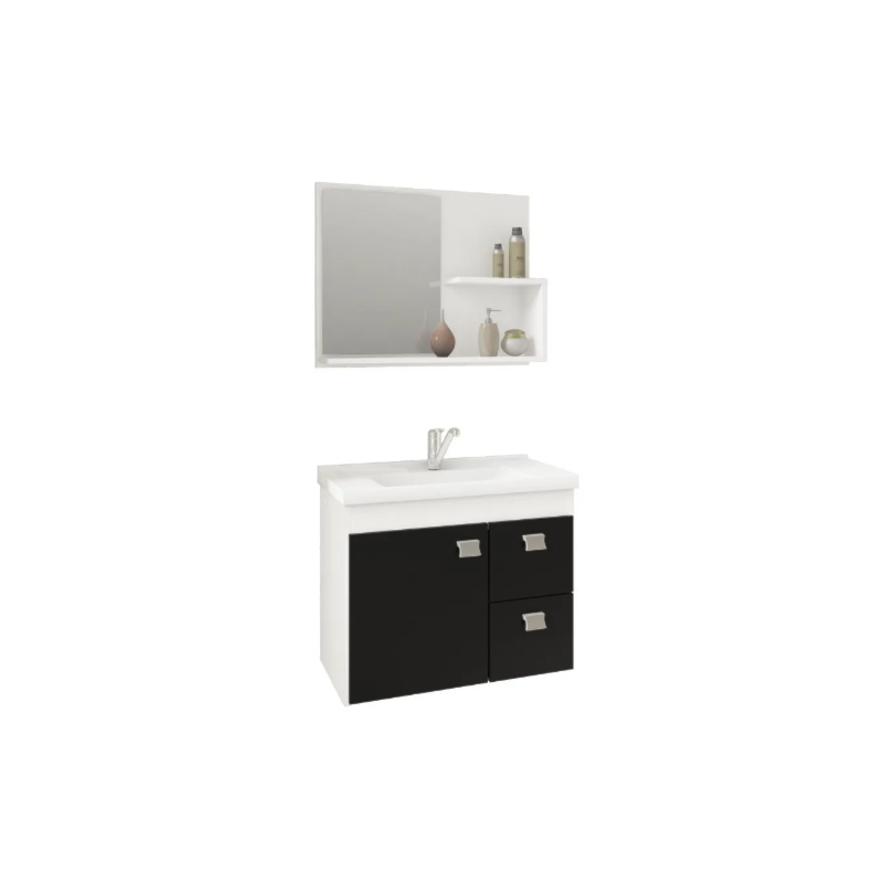 Gabinete para Banheiro Suspenso MGM Hortencia 55CM 1 Porta 2 Gavetas com Espelheira e Lavatorio Branco/Preto