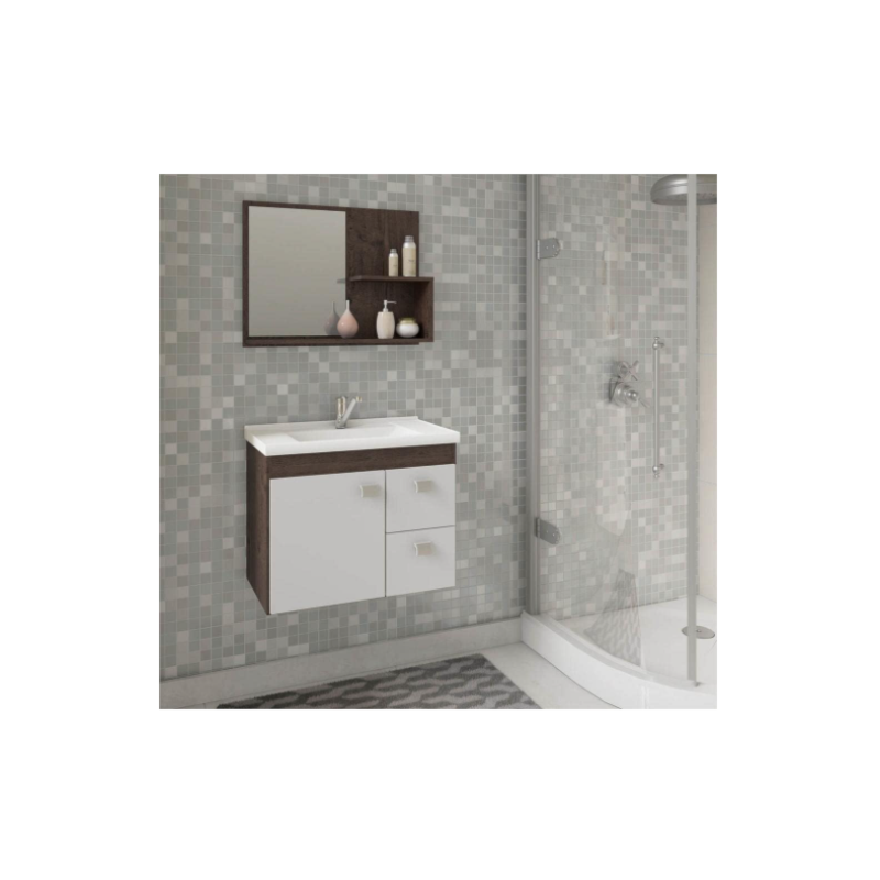 Gabinete para Banheiro Suspenso MGM Hortencia 55CM 1 Porta 2 Gavetas com Espelheira e Lavatorio Cafe/Branco