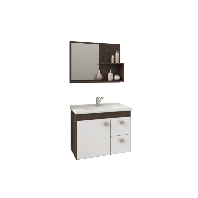 Gabinete para Banheiro Suspenso MGM Hortencia 55CM 1 Porta 2 Gavetas com Espelheira e Lavatorio Cafe/Branco