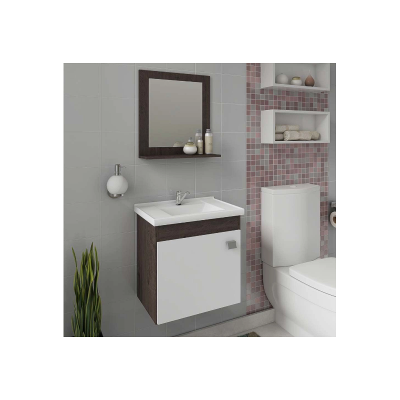 Gabinete para Banheiro Suspenso MGM Iris 44CM 1 Porta com Espelheira e Lavatorio Cafe/Branco