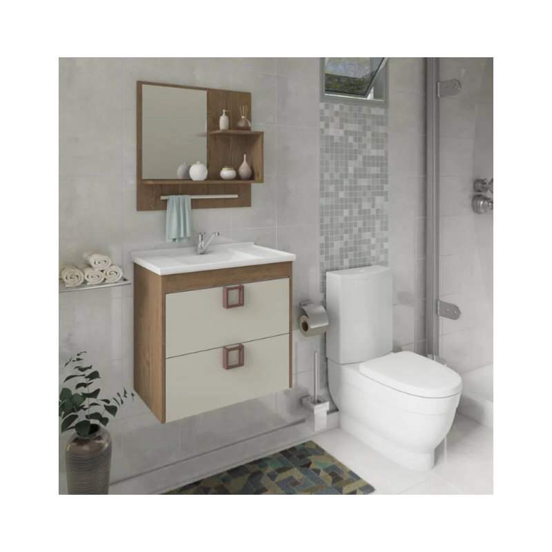 Gabinete para Banheiro Suspenso MGM Lirio 59CM 1 Porta 1 Gaveta com Espelheira e Lavatorio Amendoa/Off White