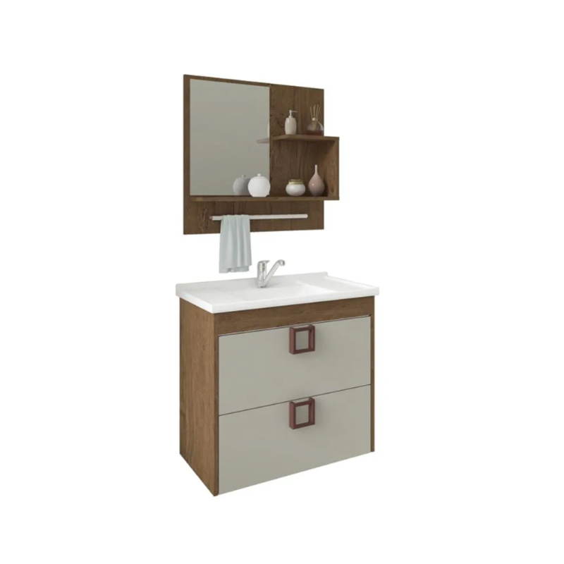 Gabinete para Banheiro Suspenso MGM Lirio 59CM 1 Porta 1 Gaveta com Espelheira e Lavatorio Amendoa/Off White