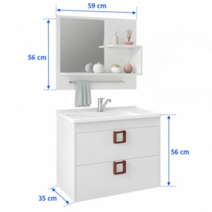 Gabinete para Banheiro Suspenso MGM Lirio 59CM 1 Porta 1 Gaveta com Espelheira e Lavatorio Branco