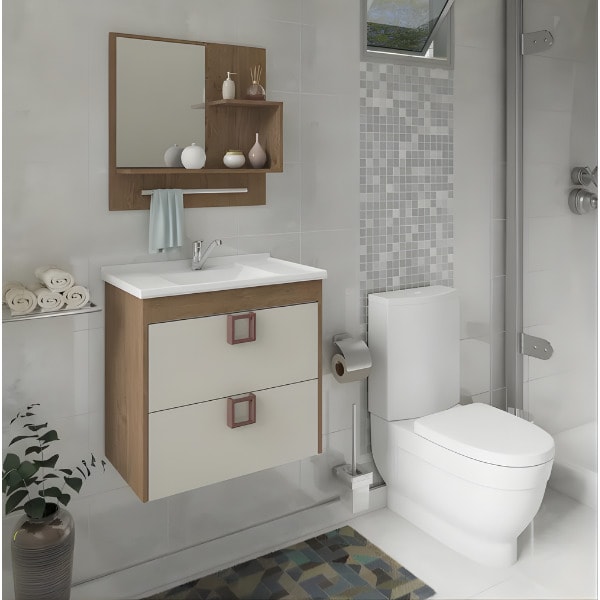 Gabinete para Banheiro Suspenso MGM Lírio 59cm com Espelheira, Lavatório, 1 Porta e 1 Gaveta Amêndoa/Off White-b2018546-3500-47bb-bfa1-b0f6a8097b6c