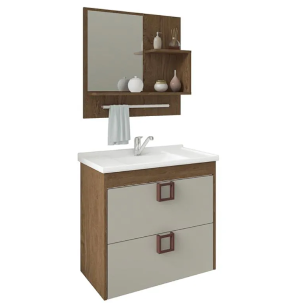 Gabinete para Banheiro Suspenso MGM Lírio 59cm com Espelheira, Lavatório, 1 Porta e 1 Gaveta Amêndoa/Off White-2116fc1c-1c13-4949-87e0-d6711463eb3a