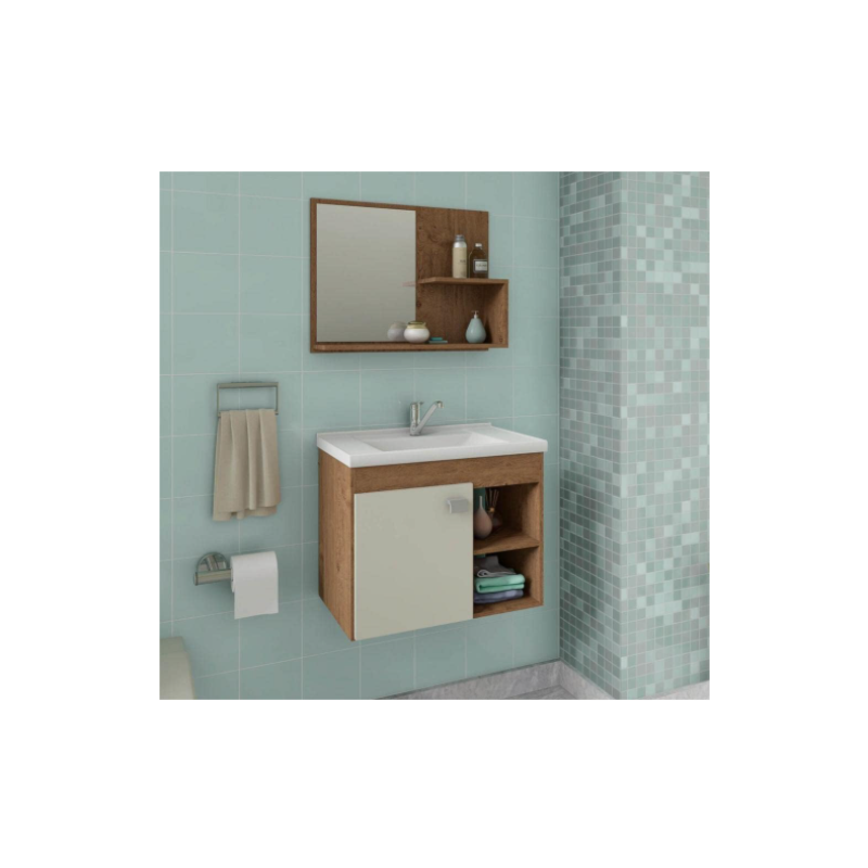 Gabinete para Banheiro Suspenso MGM Lotus 55CM 1 Porta com Espelheira e Lavatorio Amendoa/Off White