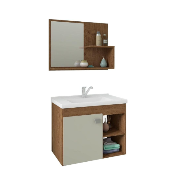 Gabinete para Banheiro Suspenso MGM Lotus 55CM 1 Porta com Espelheira e Lavatorio Amendoa/Off White-77237b08-56d2-42b4-930e-ccb2298eeb5f