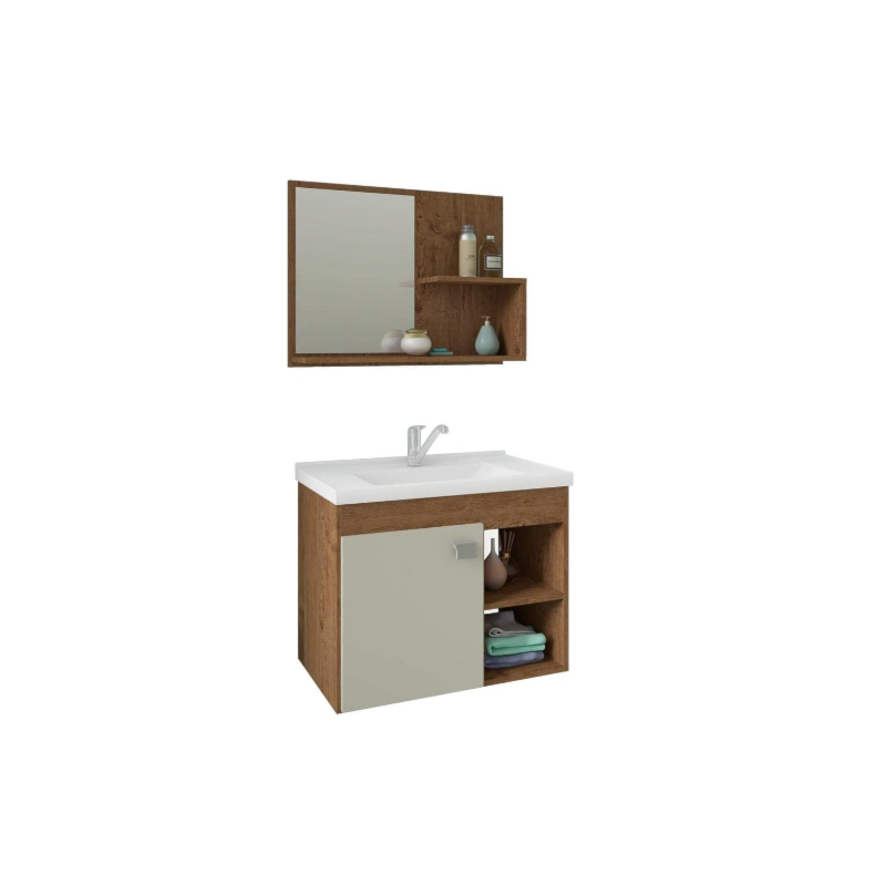 Gabinete para Banheiro Suspenso MGM Lotus 55CM 1 Porta com Espelheira e Lavatorio Amendoa/Off White