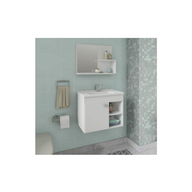 Gabinete para Banheiro Suspenso MGM Lotus 55CM 1 Porta com Espelheira e Lavatorio Branco
