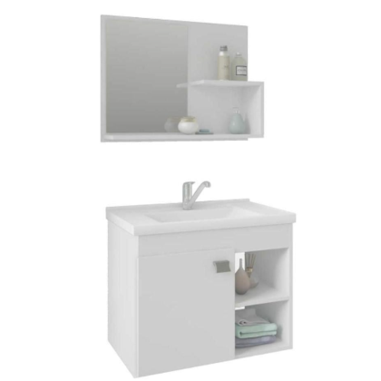 Gabinete para Banheiro Suspenso MGM Lotus 55CM 1 Porta com Espelheira e Lavatorio Branco