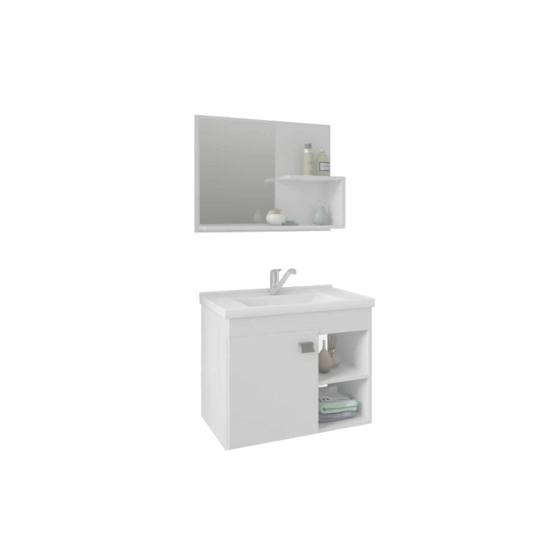 Gabinete para Banheiro Suspenso MGM Lotus 55CM 1 Porta com Espelheira e Lavatorio Branco
