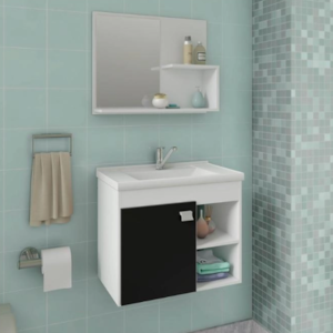 Gabinete para Banheiro Suspenso MGM Lotus 55CM 1 Porta com Espelheira e Lavatorio Branco/Preto