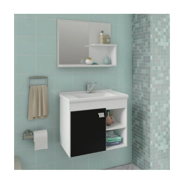 Gabinete para Banheiro Suspenso MGM Lotus 55CM 1 Porta com Espelheira e Lavatorio Branco/Preto-678beddd-4d9a-4c49-88fc-312393ebf930