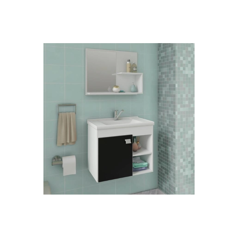 Gabinete para Banheiro Suspenso MGM Lotus 55CM 1 Porta com Espelheira e Lavatorio Branco/Preto