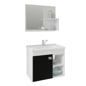 Gabinete para Banheiro Suspenso MGM Lotus 55CM 1 Porta com Espelheira e Lavatorio Branco/Preto