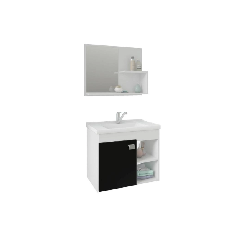 Gabinete para Banheiro Suspenso MGM Lotus 55CM 1 Porta com Espelheira e Lavatorio Branco/Preto