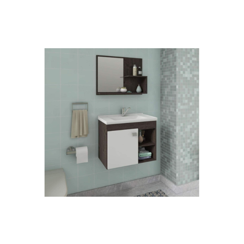 Gabinete para Banheiro Suspenso MGM Lotus 55CM 1 Porta com Espelheira e Lavatorio Cafe/Branco