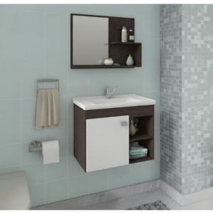 Gabinete para Banheiro Suspenso MGM Lotus 55CM 1 Porta com Espelheira e Lavatorio Cafe/Branco