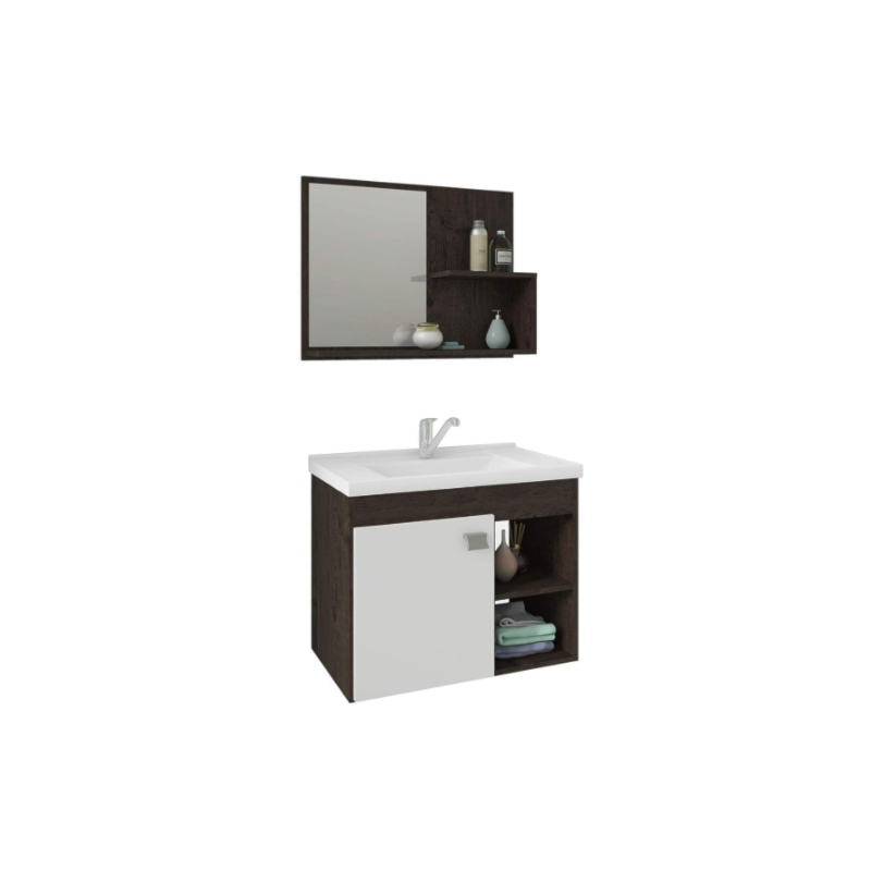 Gabinete para Banheiro Suspenso MGM Lotus 55CM 1 Porta com Espelheira e Lavatorio Cafe/Branco