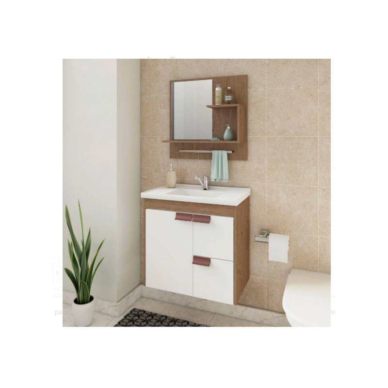 Gabinete para Banheiro Suspenso MGM Tulipa 59CM 1 Porta 2 Gavetas com Espelheira e Lavatorio Amendoa/Branco