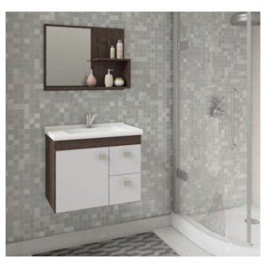 Gabinete Suspenso para Banheiro MGM Hortência 55cm com Espelheira, Lavatório, 1 Porta e 2 Gavetas Café/Branco