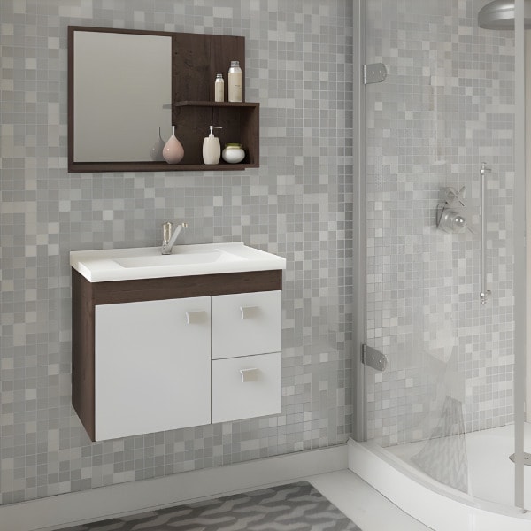 Gabinete Suspenso para Banheiro MGM Hortência 55cm com Espelheira, Lavatório, 1 Porta e 2 Gavetas Café/Branco-206eb44e-6a87-4616-904f-6445437bd835