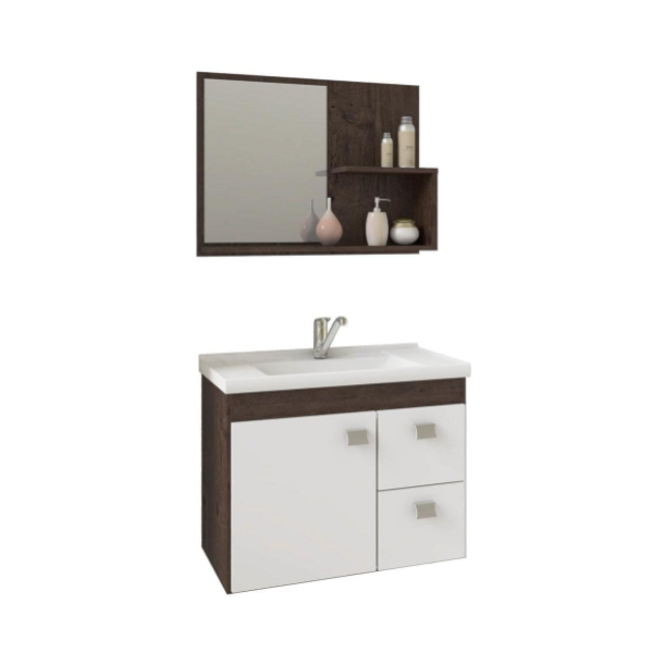 Gabinete Suspenso para Banheiro MGM Hortência 55cm com Espelheira, Lavatório, 1 Porta e 2 Gavetas Café/Branco-767e2f30-ee5a-4237-8121-1004eb4439e3
