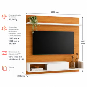 Home Suspenso HB Móveis Evo 1,36m 1 Porta Basculante para TV até 55