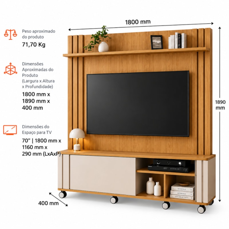 Home Theater HB Móveis Trinus 1,80m 1 Porta de Correr para TV até 70