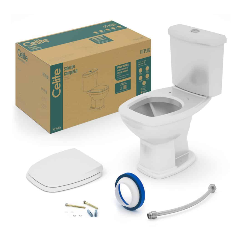 Kit com Vaso e Caixa Acoplado Fit Plus com Assento e Intens de Montagens Cinza Prata