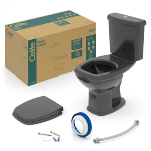 Kit com Vaso e Caixa Acoplado Fit Plus com Assento e Intens de Montagens Preto