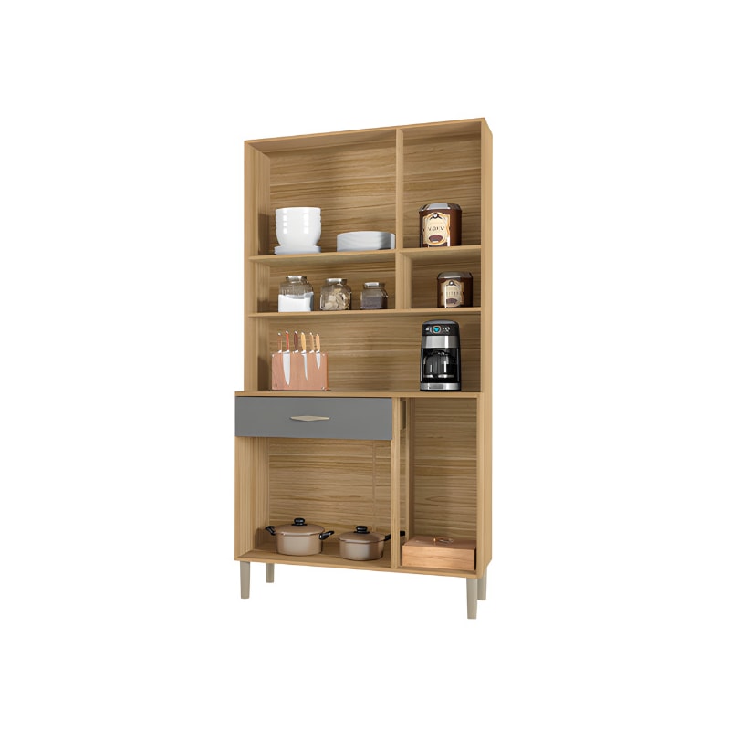 Kit Cozinha Compacta Kits Paraná Golden 6 Portas 1 Gaveta, com Vidro Serigrafado, MDP, Pintura UV, Freijó/Gris