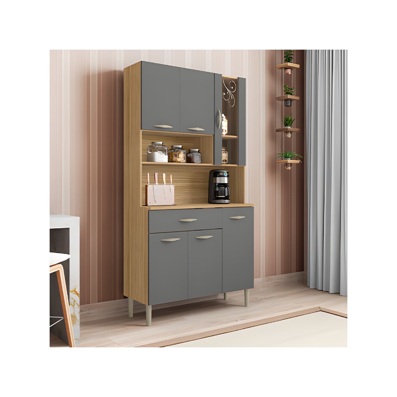 Kit Cozinha Compacta Kits Paraná Golden 6 Portas 1 Gaveta, com Vidro Serigrafado, MDP, Pintura UV, Freijó/Gris-e2f3bf19-db53-433c-befa-bc9178491b6c