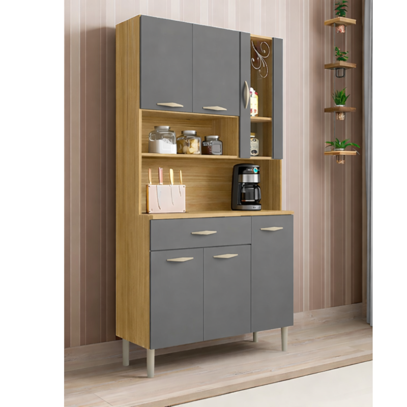 Kit Cozinha Compacta Kits Paraná Golden 6 Portas 1 Gaveta, com Vidro Serigrafado, MDP, Pintura UV, Freijó/Gris-346e3923-dc6b-4869-9e40-4b6511e9d102