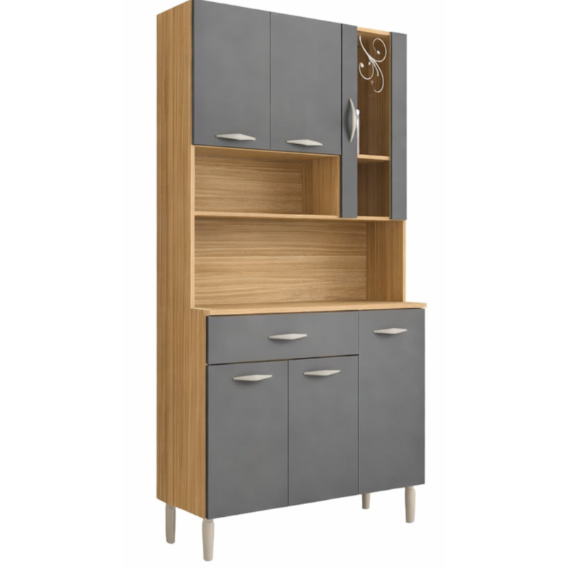 Kit Cozinha Compacta Kits Paraná Golden 6 Portas 1 Gaveta, com Vidro Serigrafado, MDP, Pintura UV, Freijó/Gris-8165dd05-ee7d-46c5-ba8c-97852e1f23fe