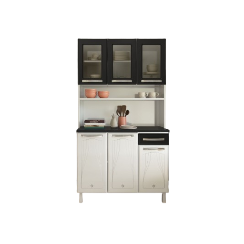 Kit Cozinha Cristal Telasul Triplo com Tampo 6 Portas 1 Gaveta com Vidro Preto