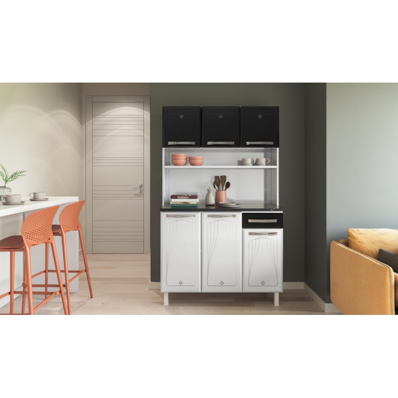 Kit Cozinha Cristal Triplo Telasul Preto com Tampo – 6 Portas (com Vidro) e 1 Gaveta, Aço com Pintura Anticorrosiva-42f4f118-e6b9-4a7e-8597-147516ae2002