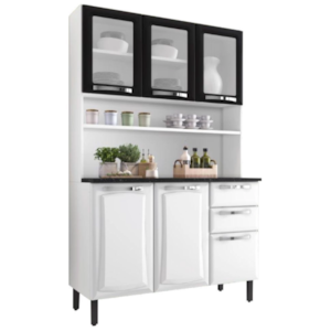 Kit Cozinha Itatiaia Compacta Pratika 6 Portas com Vidro 2 Gavetas Branco/Preto 