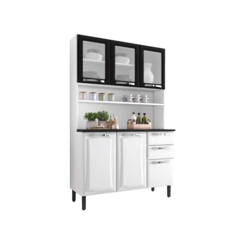 Kit Cozinha Itatiaia Compacta Pratika 6 Portas com Vidro 2 Gavetas Branco/Preto 