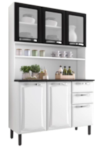 Kit Cozinha Itatiaia Compacta Pratika 6 Portas com Vidro 2 Gavetas Branco/Preto 