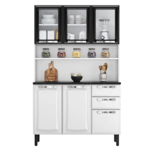 Kit Cozinha Itatiaia Compacta Pratika 6 Portas com Vidro 2 Gavetas Branco/Preto 