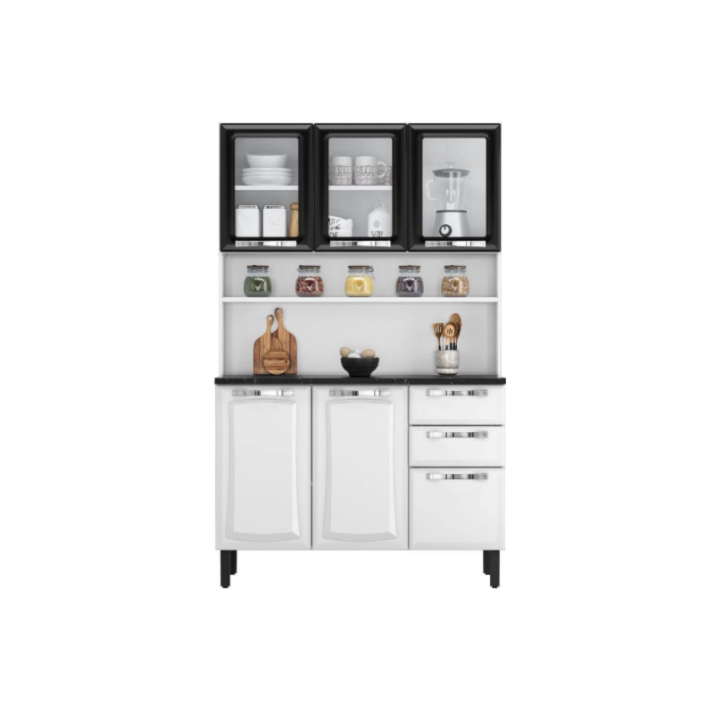 Kit Cozinha Itatiaia Compacta Pratika 6 Portas com Vidro 2 Gavetas Branco/Preto 