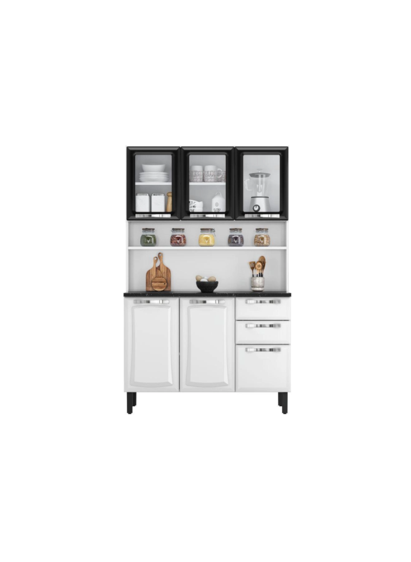 Kit Cozinha Itatiaia Compacta Pratika 6 Portas com Vidro 2 Gavetas Branco/Preto 