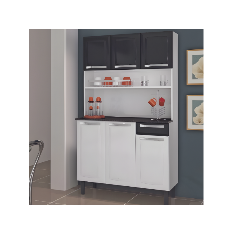 Kit Cozinha Itatiaia Rose 6 Portas 1 Gaveta Branco/Preto-21bebfc8-264e-4242-a5d0-1945e604f3ed