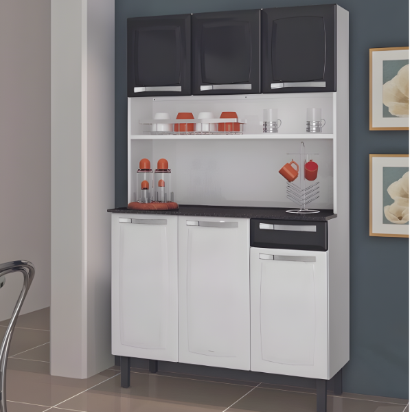 Kit Cozinha Itatiaia Rose 6 Portas 1 Gaveta Branco/Preto-76d8b626-15d9-42de-a5f2-eb23c735952c