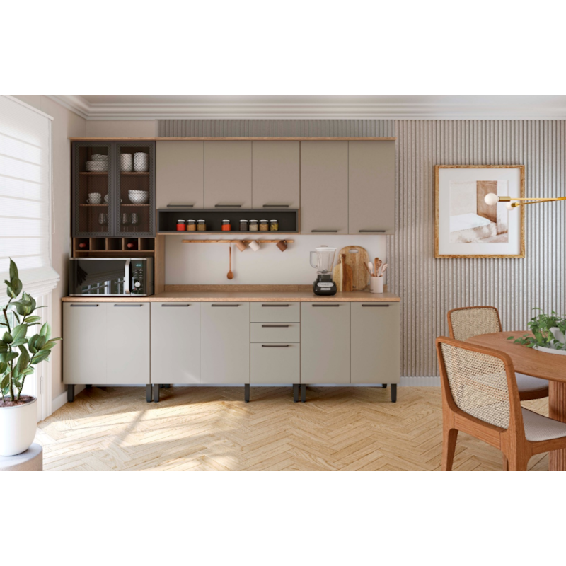 Kit Cozinha Telasul Caiena 13 Portas 3 Gavetas com Tampo e Vidro para Microondas Mel/Fume